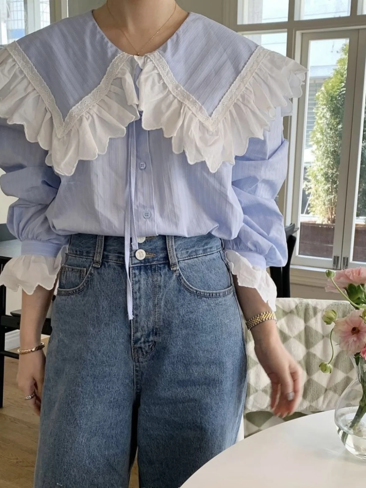 

Милый свободный женский топ с большим воротником и завязками на кружевном воротнике Bell Sve, хлопковый однотонный универсальный топ с кукольным воротником для поездок на работу