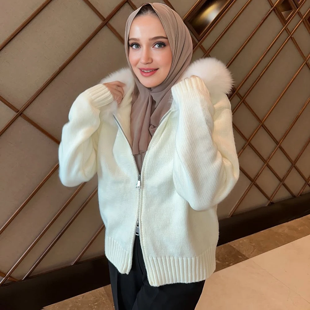 Talenza Winter Female Sweater Hoodie Cardigan Fluffy Zipper Patchwork Long Sleeve Ribbed Solid Knit jacket Coat Women's Cardigan