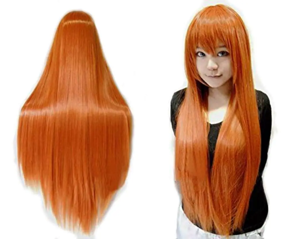 Peluca Naranja Larga y Lisa de 32 Pulgadas/80 cm con Flequillo, Cabello Sintético, Peluca Naranja para Cosplay de Anime