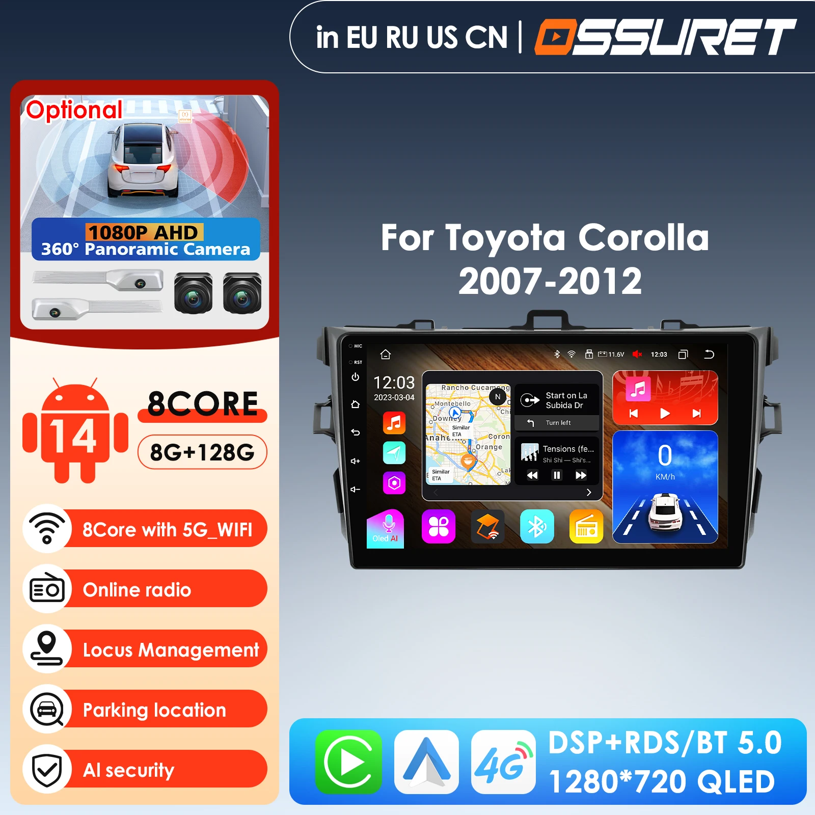 

9-дюймовая автомагнитола Android 14 с Carplay для Toyota Corolla E140 E150 2006-2012, мультимедийный плеер 2 Din, GPS, 4G, FM, BT
