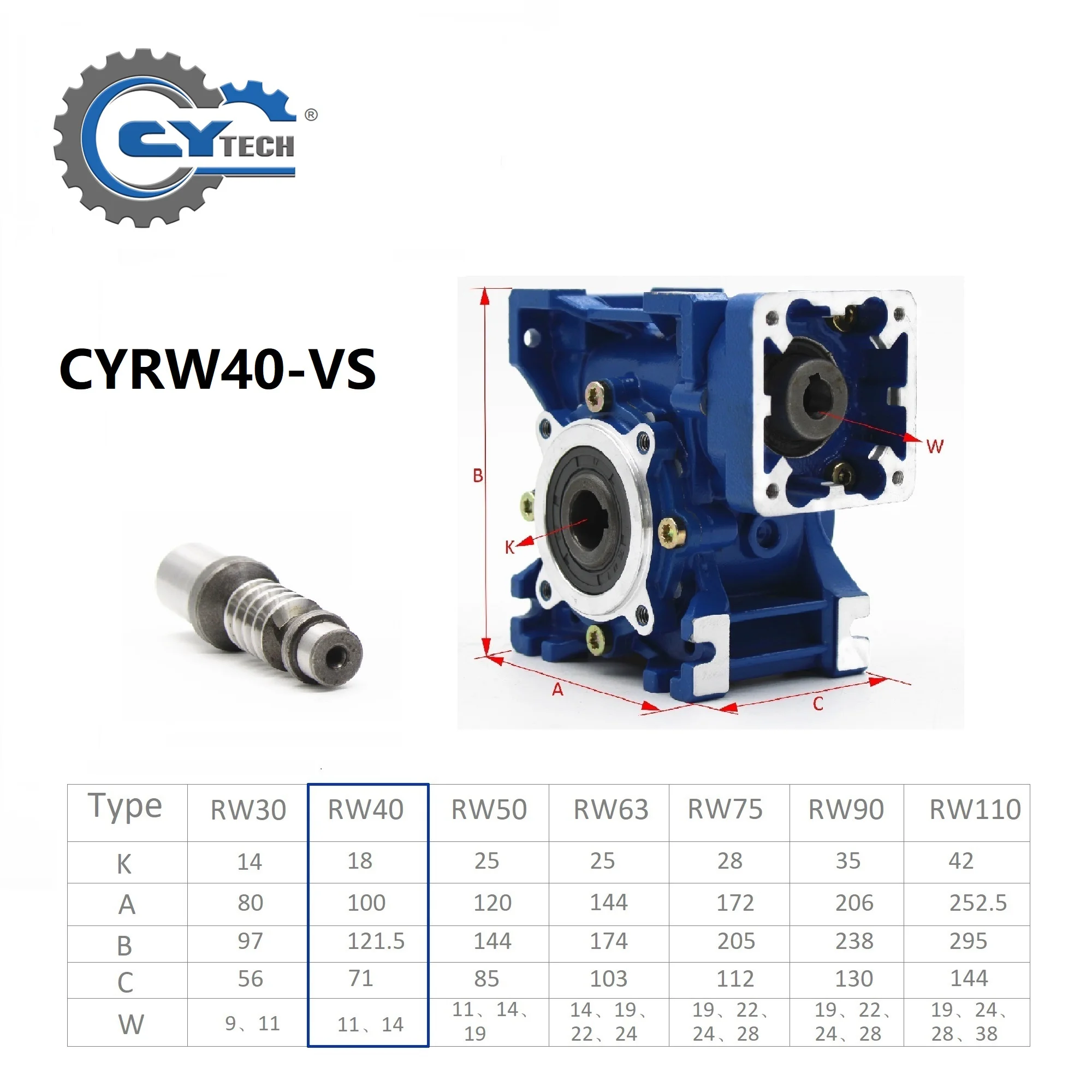 CHENYUE Worm Gearbox CYRW-VS 040 Gear reducer  Input 9/11/14mm Output 18mm Ratio 5:1-100:1 Tin bronze  free-maintenance