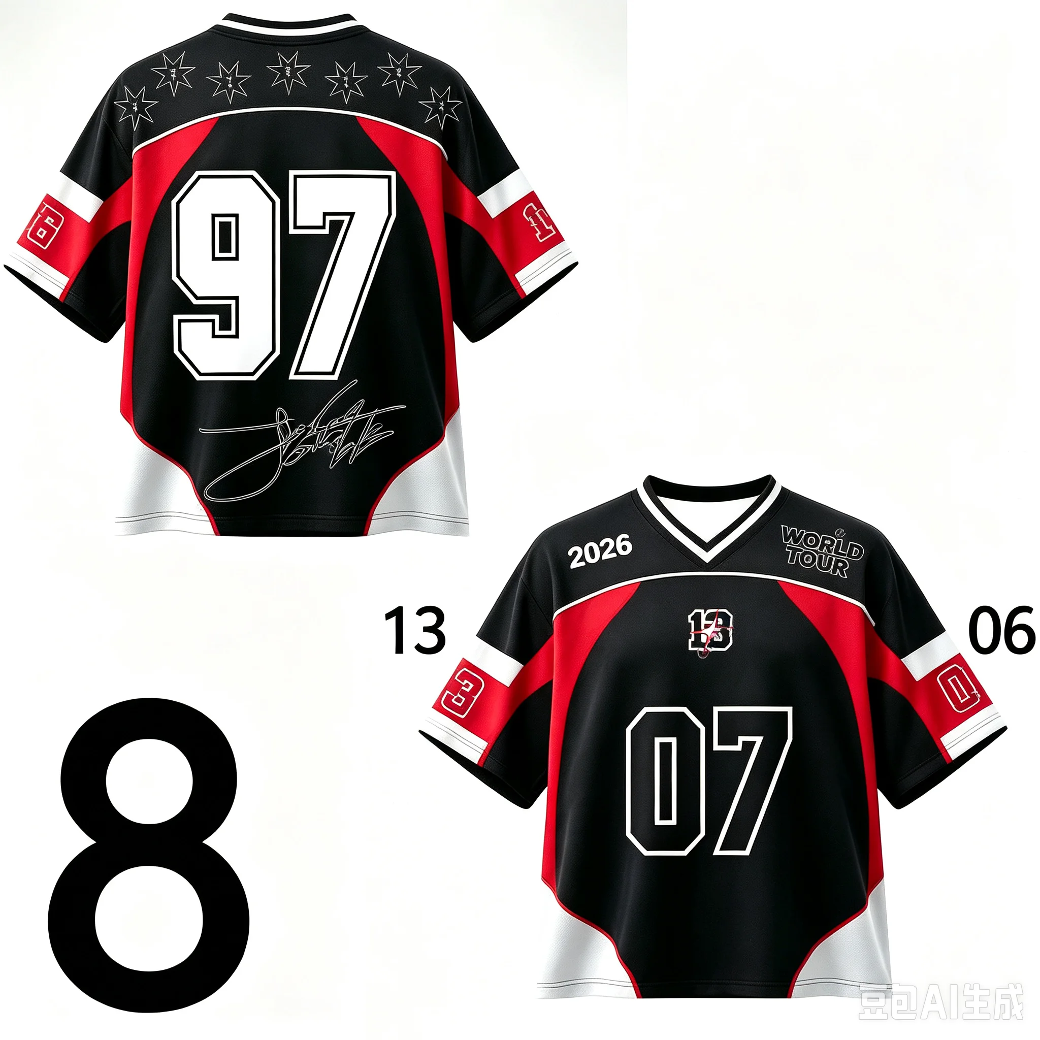 Family Matching Replica Football Jersey, Black Red White Number Print V‑Neck Mesh Short Sleeve Sport Top for Kpop Fan Streetwear