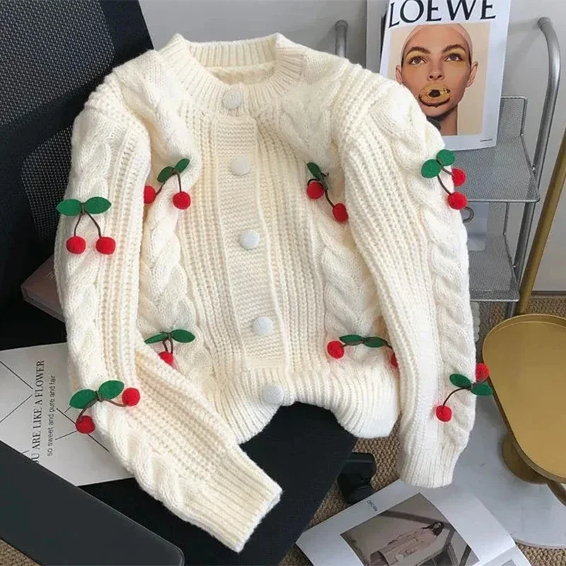 Women Cherry Sweater Cardigan Cute Cherries Pom Pom Cable Knit Button-Up Knit Coat Fall Winter Korean Kawaii Sweet Outfit