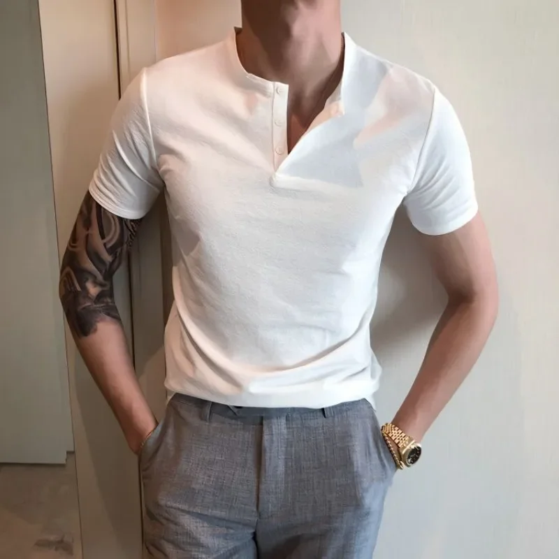 Sweet Melt Trend All-match Fallow Button Short Sleeve Male Korean Version Comfort Simple Half Sleeve Base Shirt T-shirt Handsome