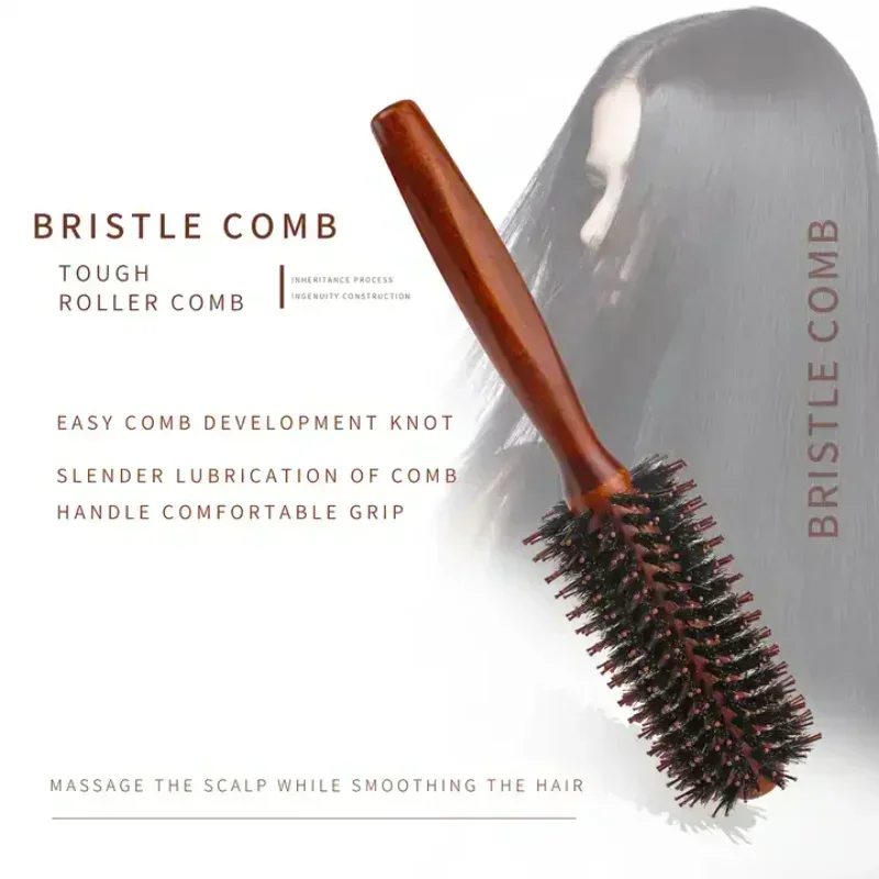 Porcine bristle solid wood curly hair comb Square handle hair roller comb Home style four flat rolling comb hairbrush