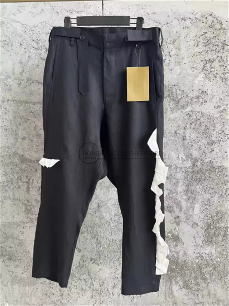 Original Dark-Colored Design, White-Spliced Linen Material Casual Pants. Large Size, Asymmetrical and Loose Long Pants.