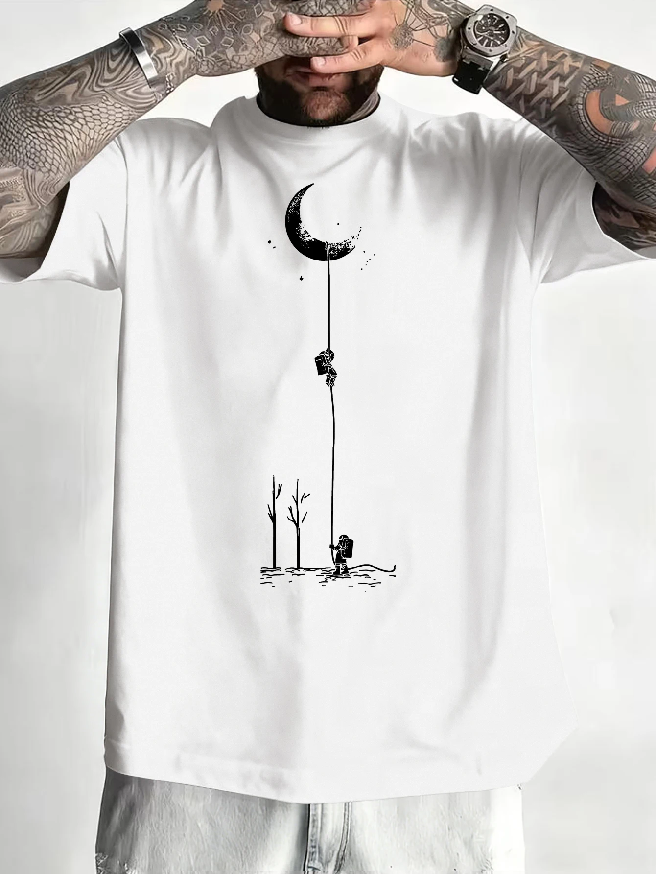 European and American men's fashionable printed T-shirt, daily casual wear, moon print,S-XXL