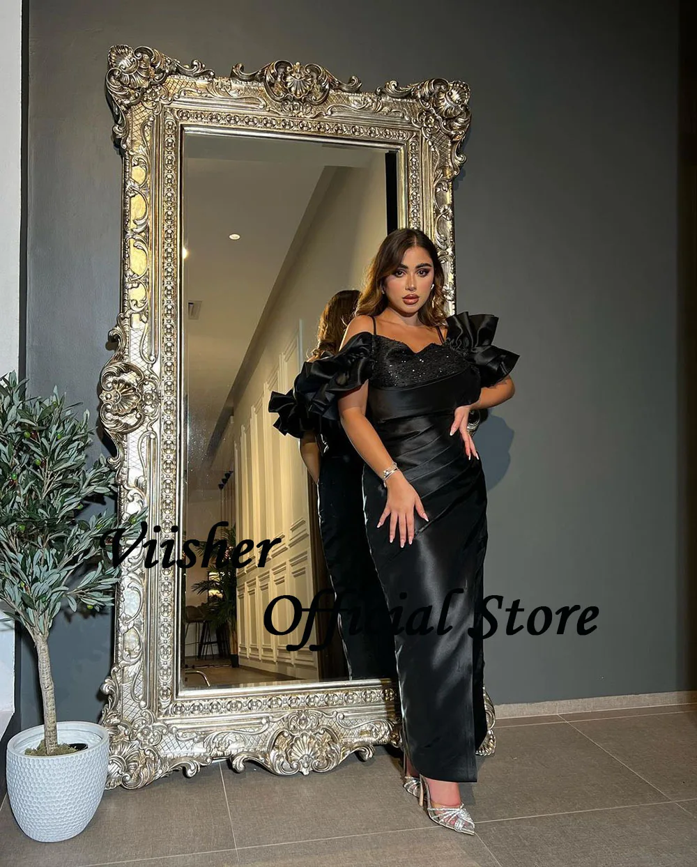 Viisher Black Mermaid Evening Dresses with Slit Sequins Strapless Prom Party Dress Ankle Length Arabic Dubai Formal Gowns