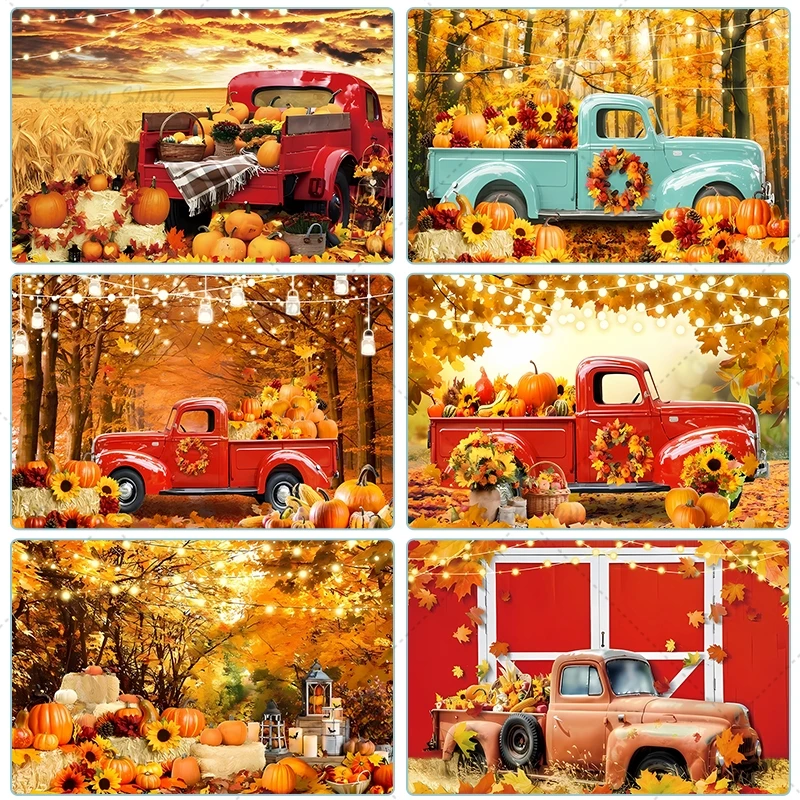 

Fall Harvest Photo Backdrop Autumn Forest Blue Red Truck Pumpkin Thanksgiving Photography Background Birthday Party Decor Banner