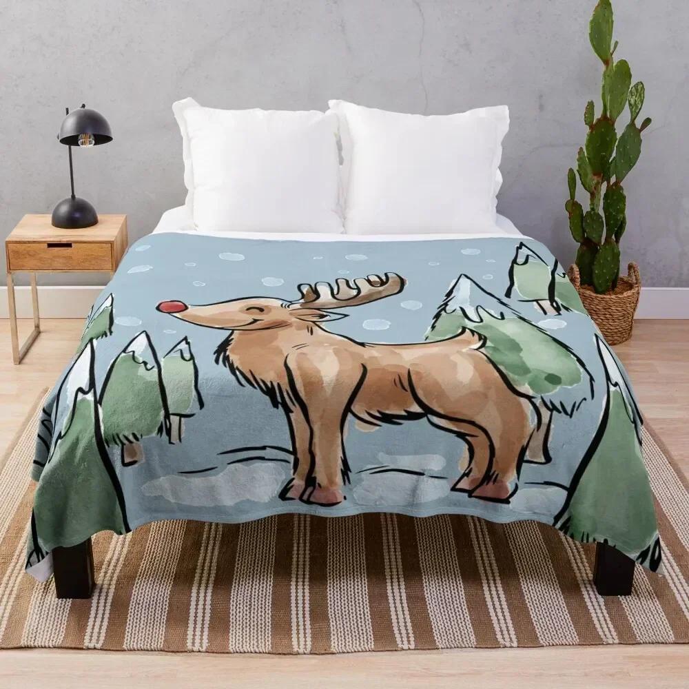 

Watercolor Painting of Red Nose Reindeer in Christmas Snow Throw Blanket Fade Resistant Durable Throw Blanket