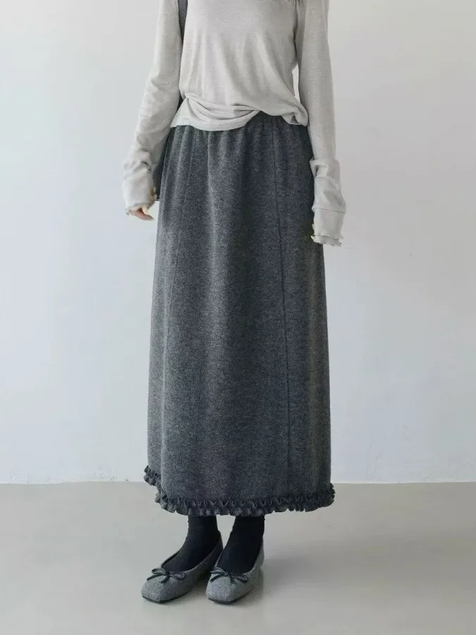 

High Waist Long Lambswool f Skirt Splicing Hem Gored Skirts Autumn Winter New Arrival plus Size Women's Faion Casual Dr