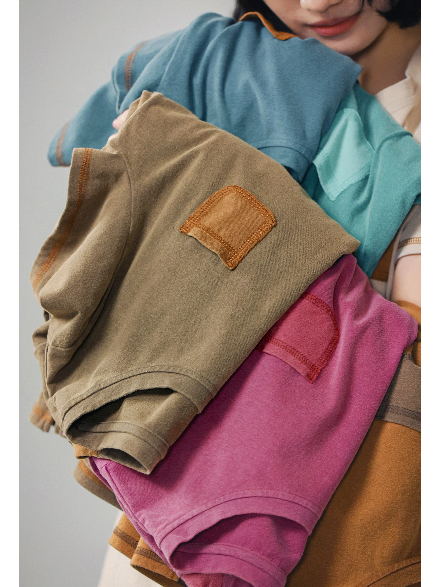 

Classic round Ne ort Sve T-irt Women's Cotton 00% Vintage Waed Brued Texture Tea Colored Patchwork Spring Summer