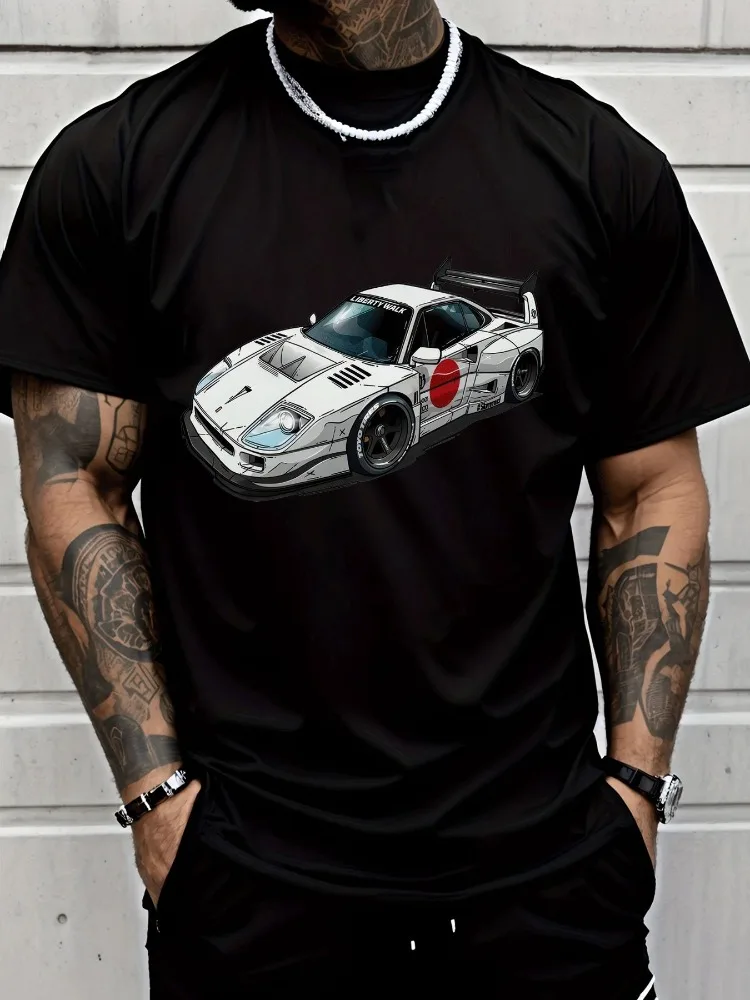 Men Summer Cotton Tee JDM Modified Sports Car Liberty Walk Graphic Car Lover Casual Short Sleeve Street Fashion Daily Wear Top