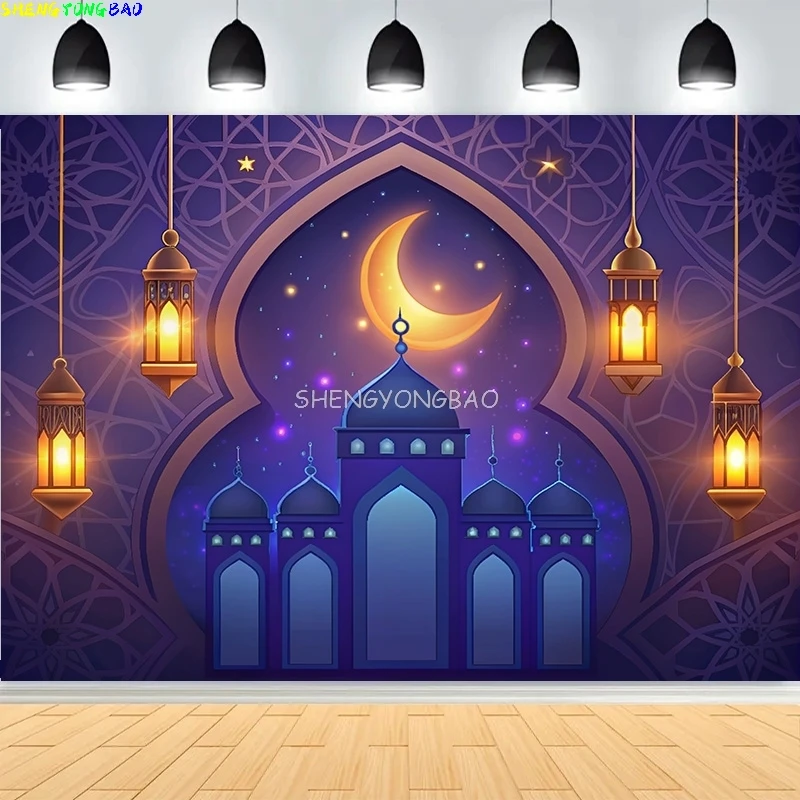 

Рамадан блестящий золотой полумесяц лунные фонарики фон Ид Мубарак арабская исламская мечеть дворец фотографии фонов MO-04