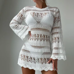 Hollow Out Beach dress Knitting Mesh Long Sleeve Sun-Protection Cover Up Vacation Bikini Cover-ups