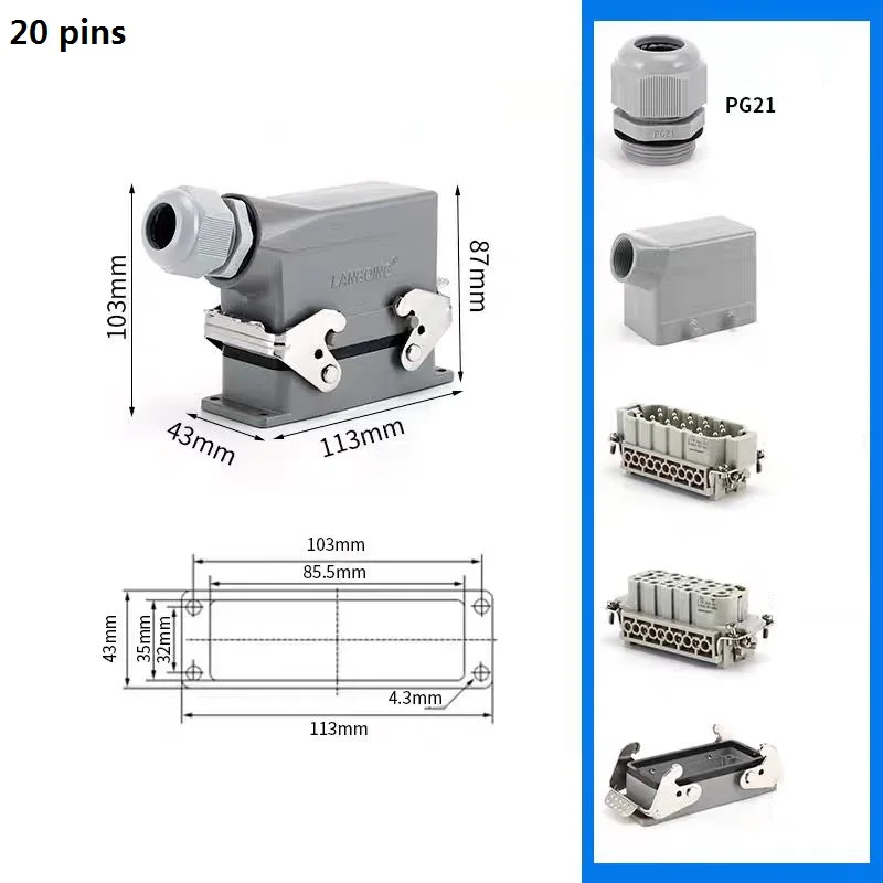 Fotografia 7: Conector retangular de alta resistência HDC-HE-020 com 20 pinos/núcleos, plugue e tomada industrial à prova d'água para aviação, 16A, 500V