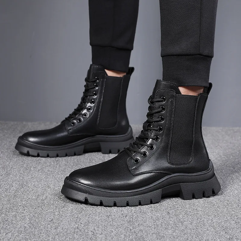 

men fashion motorcycle boots brand designer genuine leather shoes cowboy autumn winter boot lace-up platform ankle botas zapatos