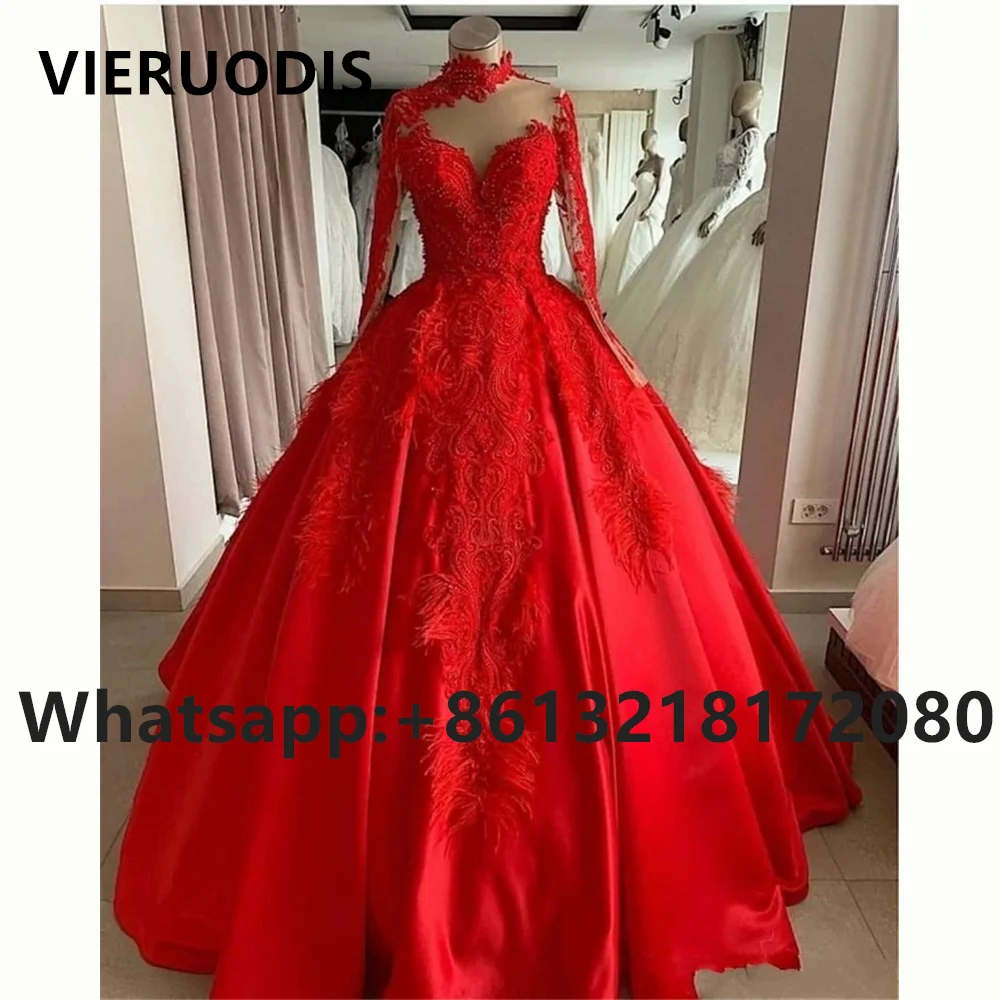 

Red Long Sleeve Ball Gown Quinceanera Dresses Sweet 16 Top Appliques Lace Prom Gowns Vestido De 15 Anos Quinceaner