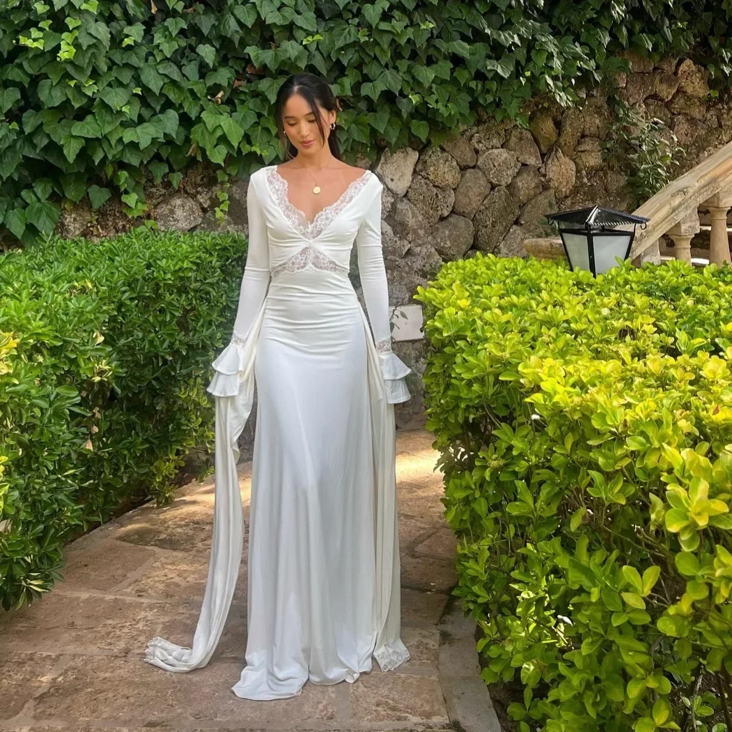 Dresses Women Party Long Dress Lace A Line Backless V Neck Flare Sleeve Sexy Maxi Gown Autumn 2025 Floor Length Vestidos