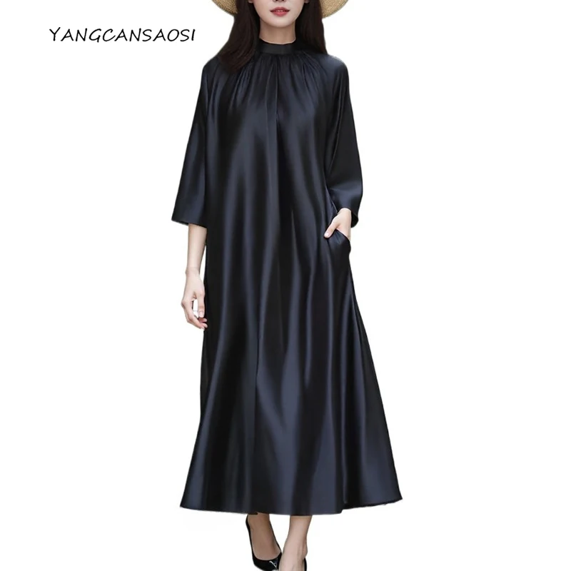 

Women's Autumn Fashion Chinese Style Black 100% Natural Mulberry Silk Fragrant Cloud Yarn Stand Up Collar Large Swing Dress