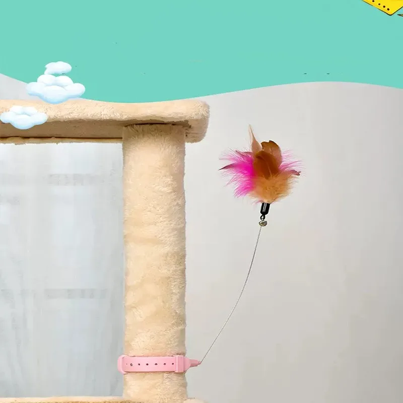 Interaktywne zabawki dla kotów Funny Feather Teaser Stick z dzwonkiem obroża dla zwierząt Kitten Playing Teaser Wand Training zabawki dla kotów