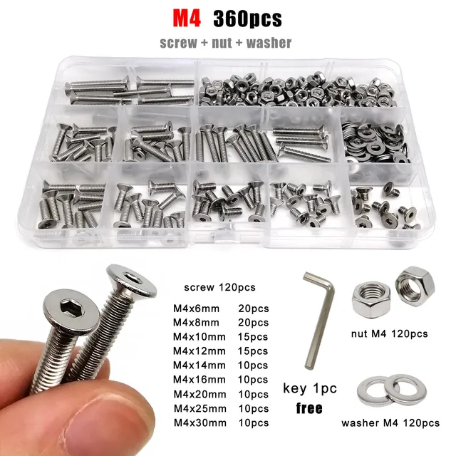 M1.6 M2 M2.5 M3 M4 M5 M6 M8 304 Stal nierdzewna Allen Hexagon Socket Płaska śruba z łbem stożkowym Zestaw podkładek Zestaw pudełek