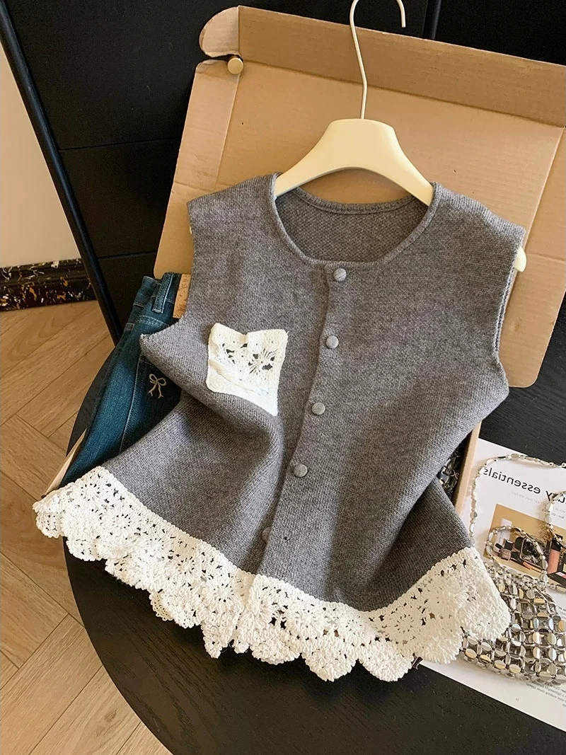 

Женский вязаный жилет с кружевной отделкой, мягкий, свободного кроя, с круглым вырезом, легкий в уходе, для многослойных образов, весенний сезон