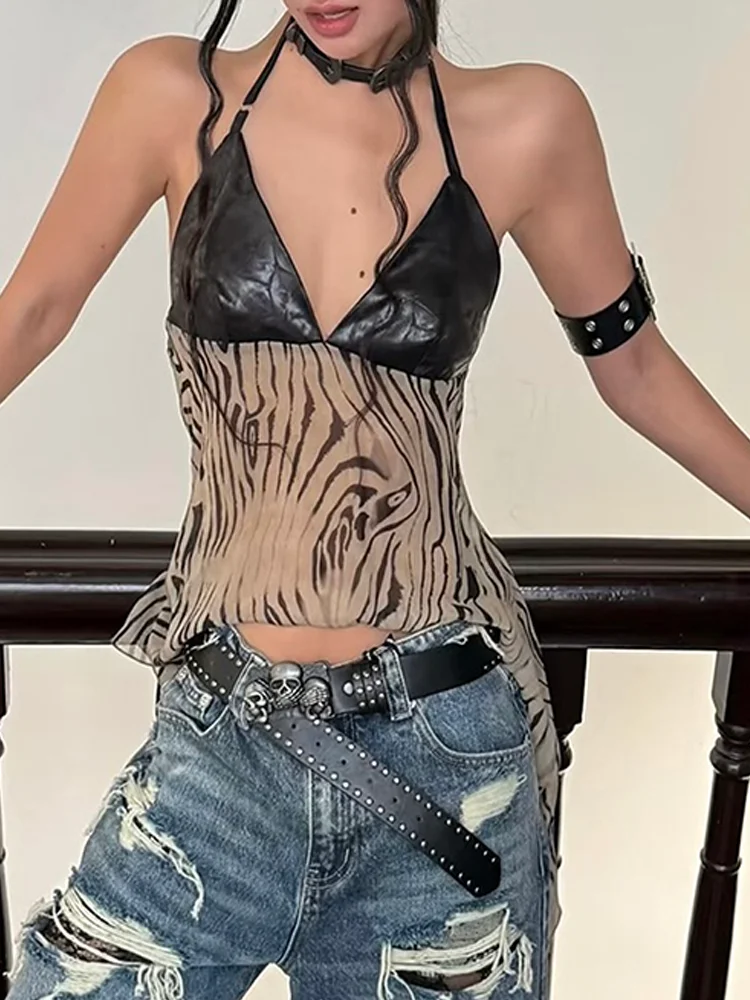 Sisterlinda Patchwork Faux Leather Camisole Women Halter See Through Irregular Hem Zebra Stripe Print v-Neck Sexy Streetwear