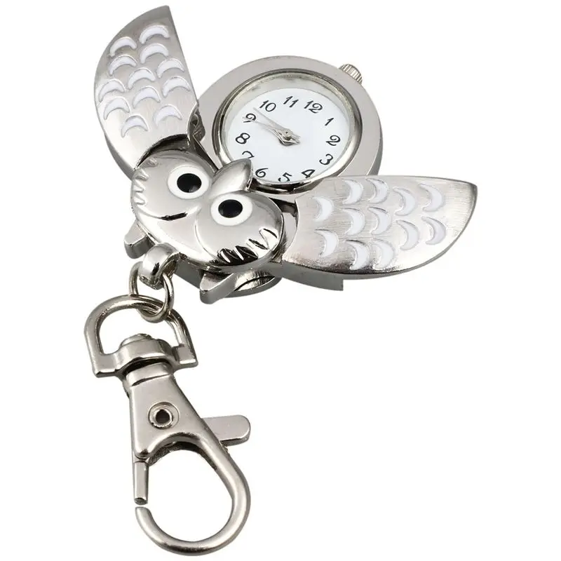 A95D-3X Owl Pocket Watch With Key Chain 40 X 25 Mm Silver