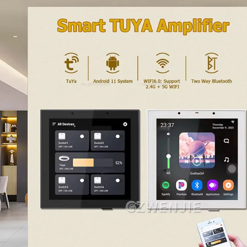 4 Inch WiFi Wall Amplifier Bluetooth Mini Music Amplifiers Touch Screen Smart Audio System for Home Office Apartment Android 11