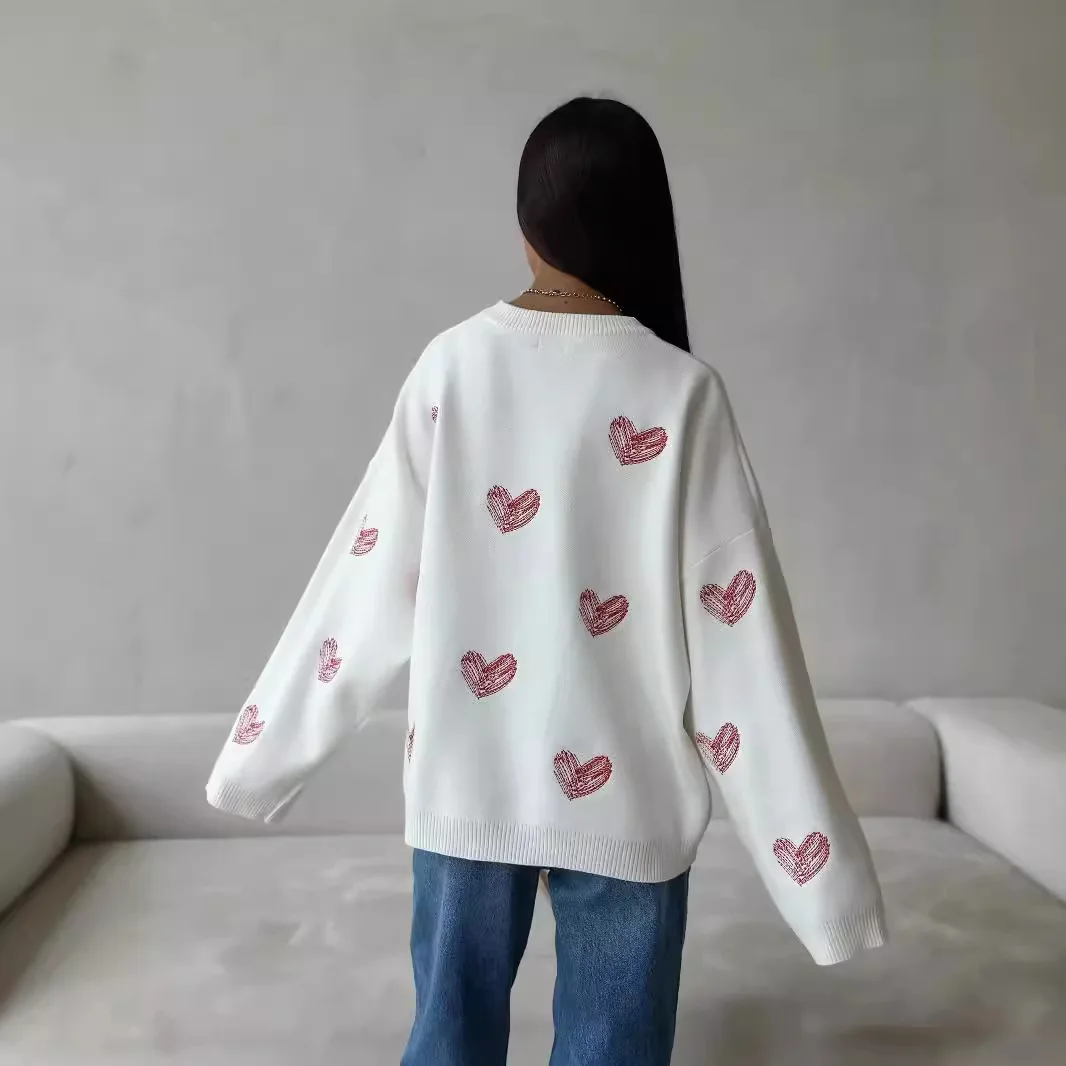 XXOWENLI Sweet Heart Sweater Fashion Cute Retro Loose Knitted Pullover Sweater Loose Simple Base Layer Sweater Autumn Winter 4