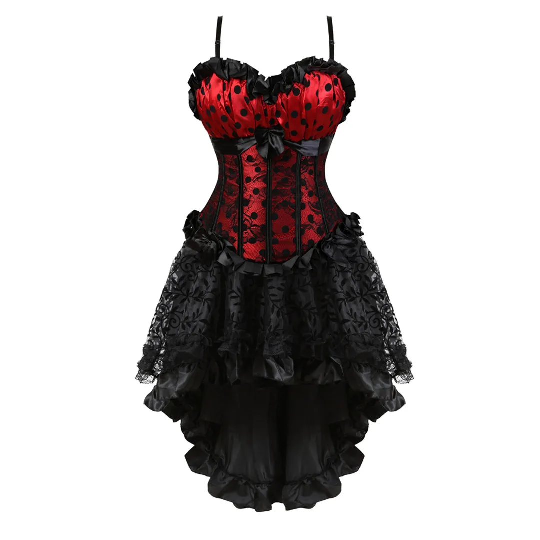 

Women Sexy Lace Vintage Corset Dress Gothic Print Dot Straps Corset Bustier Top With Lace Skirt Sets Moulin Rouge Costume Dress