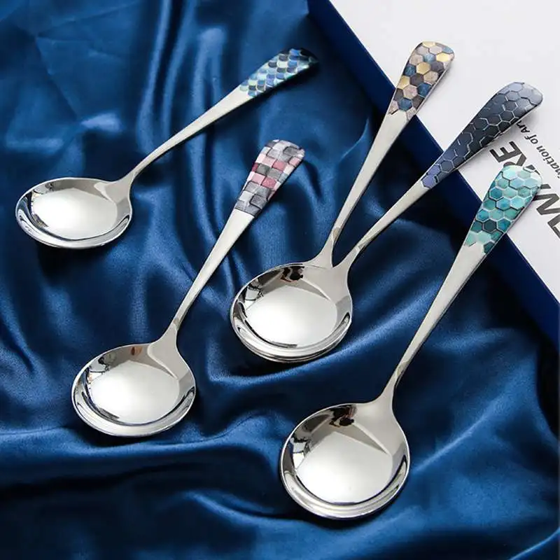 304 Stainless Steel Spoon Korean Style Household Tableware with Colorful Printed Handle Rice Scoop Soup Spoon for Home Adult Kid