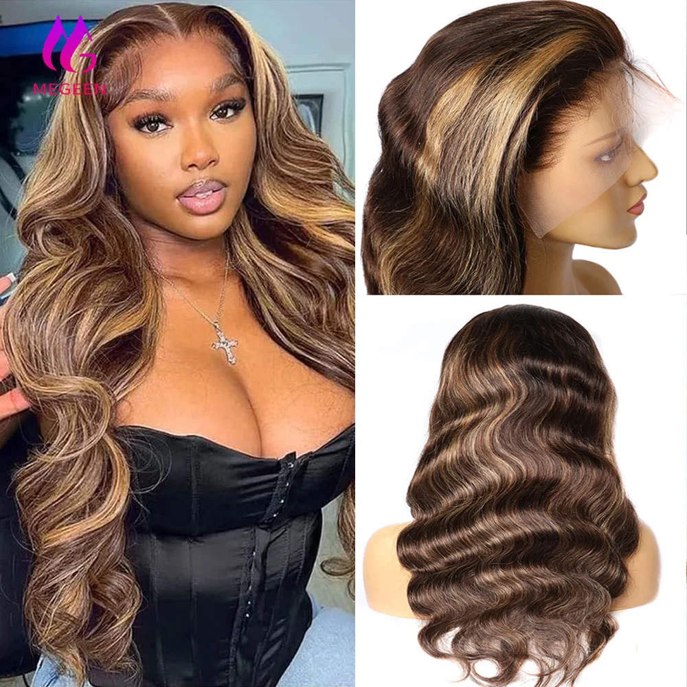 

Megeen 100% Human Hair Highlight Body Wave 13X4 Lace Front Wigs Human Hair Pre Plucked P4/27 Colored Honey Blonde Lace Front Wig