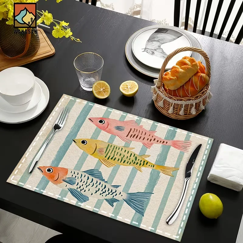 Watercolor Striped Tropical Fish Print Linen Placemat Coastal Nautical Summer Style Kitchen Beach Party Dining Table Decor Pad