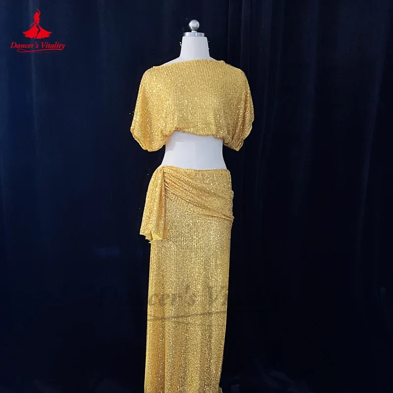 طقم رقص شرقي نسائي ، قميص نوم قصير مزين بالترتر حسب الطلب ، تنورة طويلة منقسمة ، 2-زي أداء شرقي