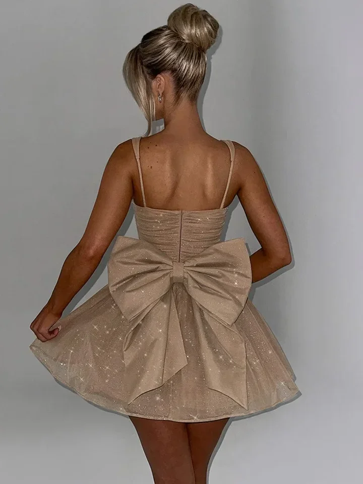 

Sexy Mesh Spaghetti Strap Double-layer Short For Women Elegant Sleeveless Backless Tight Shiny Bow Evening Dress