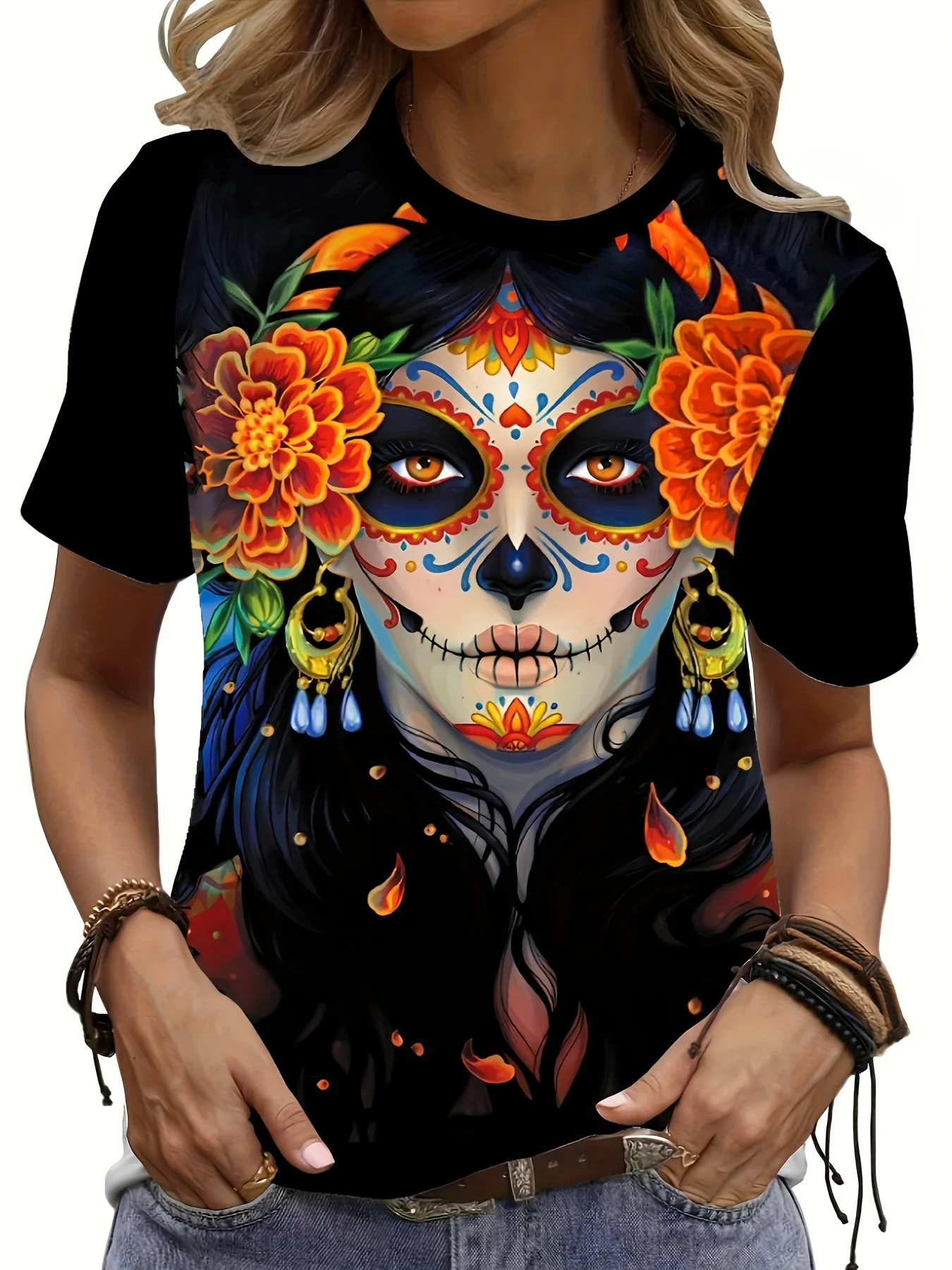 Women Short Sleeve T‑Shirt Day Of The Dead Sugar Skull Girl Marigold Floral Print Round Neck Black Casual Summer Tops