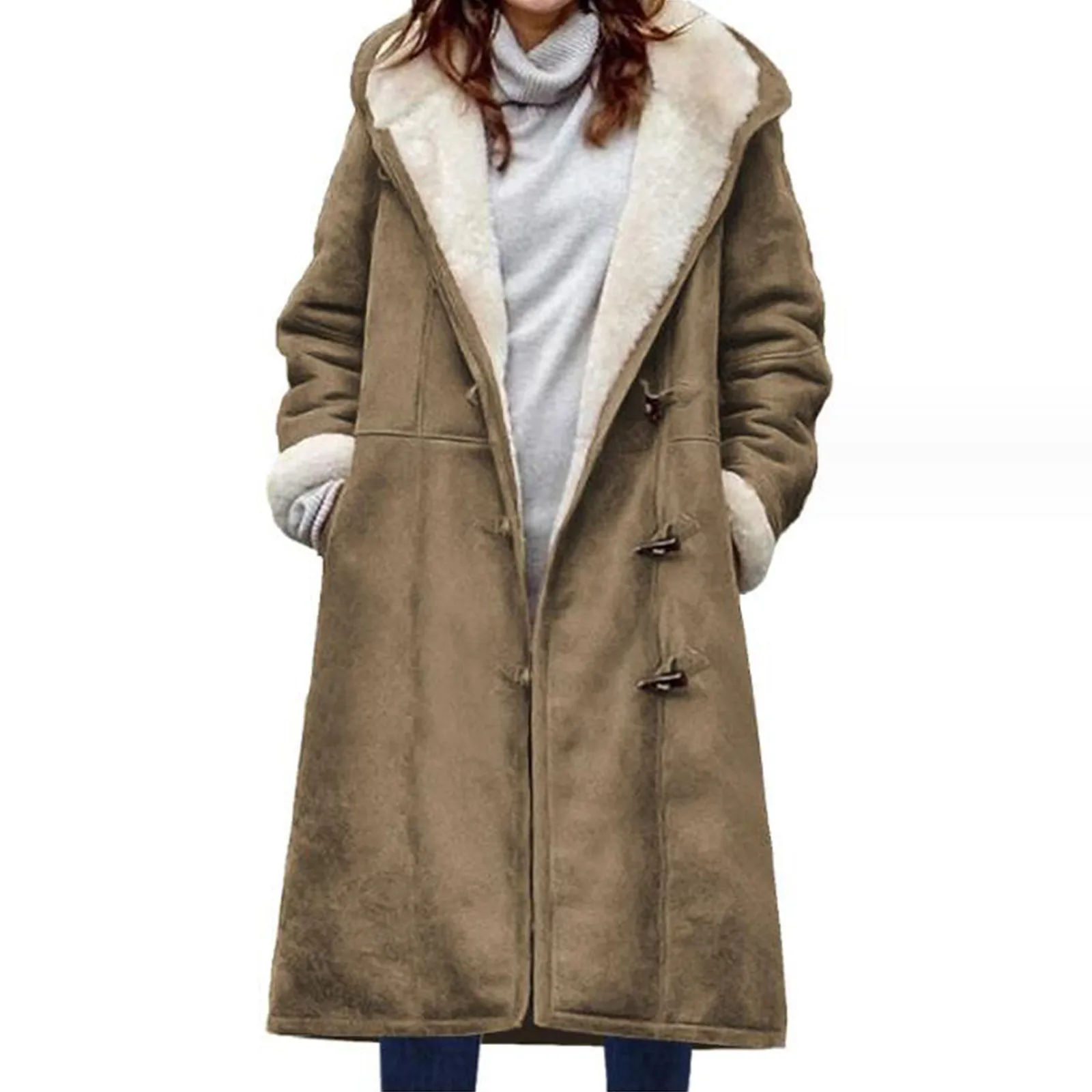 

Women Fuzzy Jacket Fleece Lined Hooded Horn Buttons Medium Length Overcoat Winter Windproof Furry Outerwear Women Coat Chaquetas