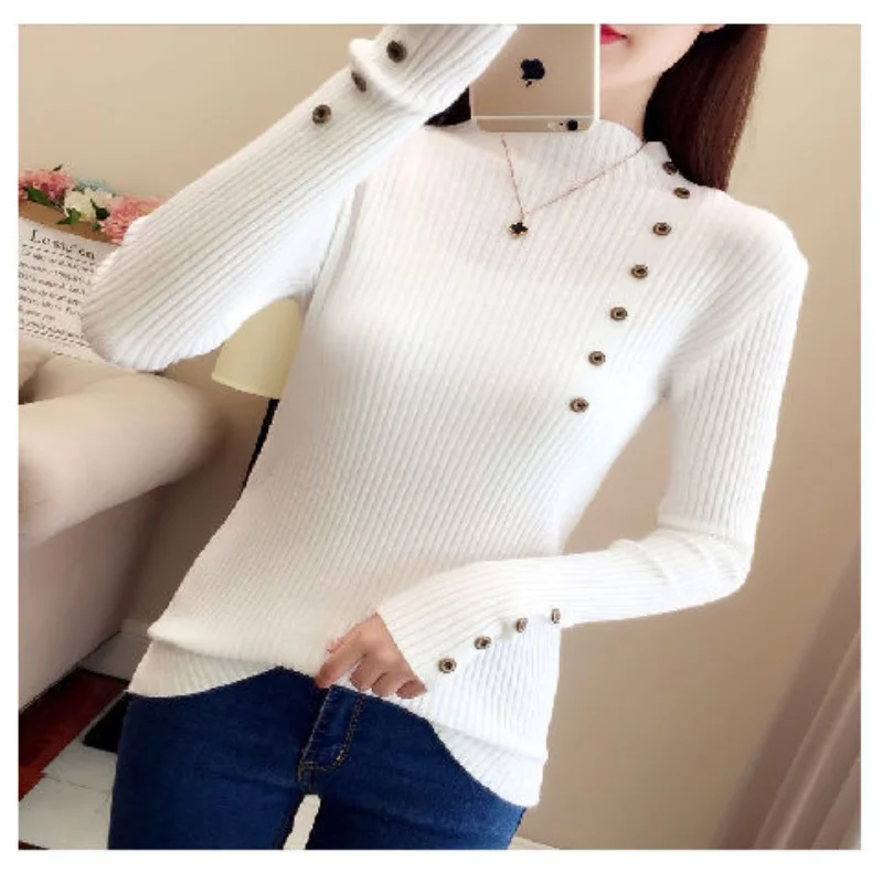 Women Autumn and Winter Korean New Half High Neck Sweater Solid Button Warm Knitted Shirt Slim Fit Versatile Long Sleeved Tops