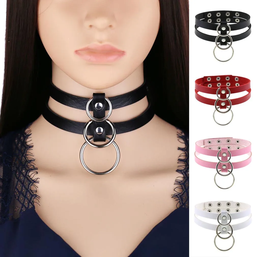 Punk  Personality Rock and roll Original design O-ring Double-row leather Multicolored Stainless steel Necklace Super cool