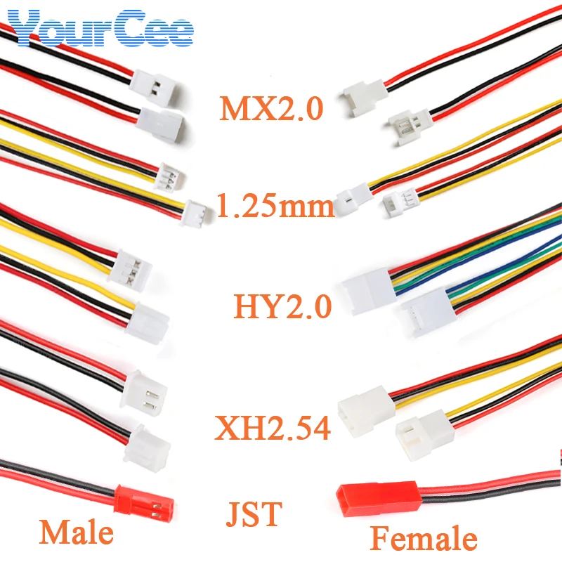 10pcs XH2.54 2.54mm HY2.0 MX2.0 2.0mm JST 1.25mm 2/3/4/5/6Pin Pitch Male Female Plug Socket With Wire 20/15/10cm Cables 26/28AWG