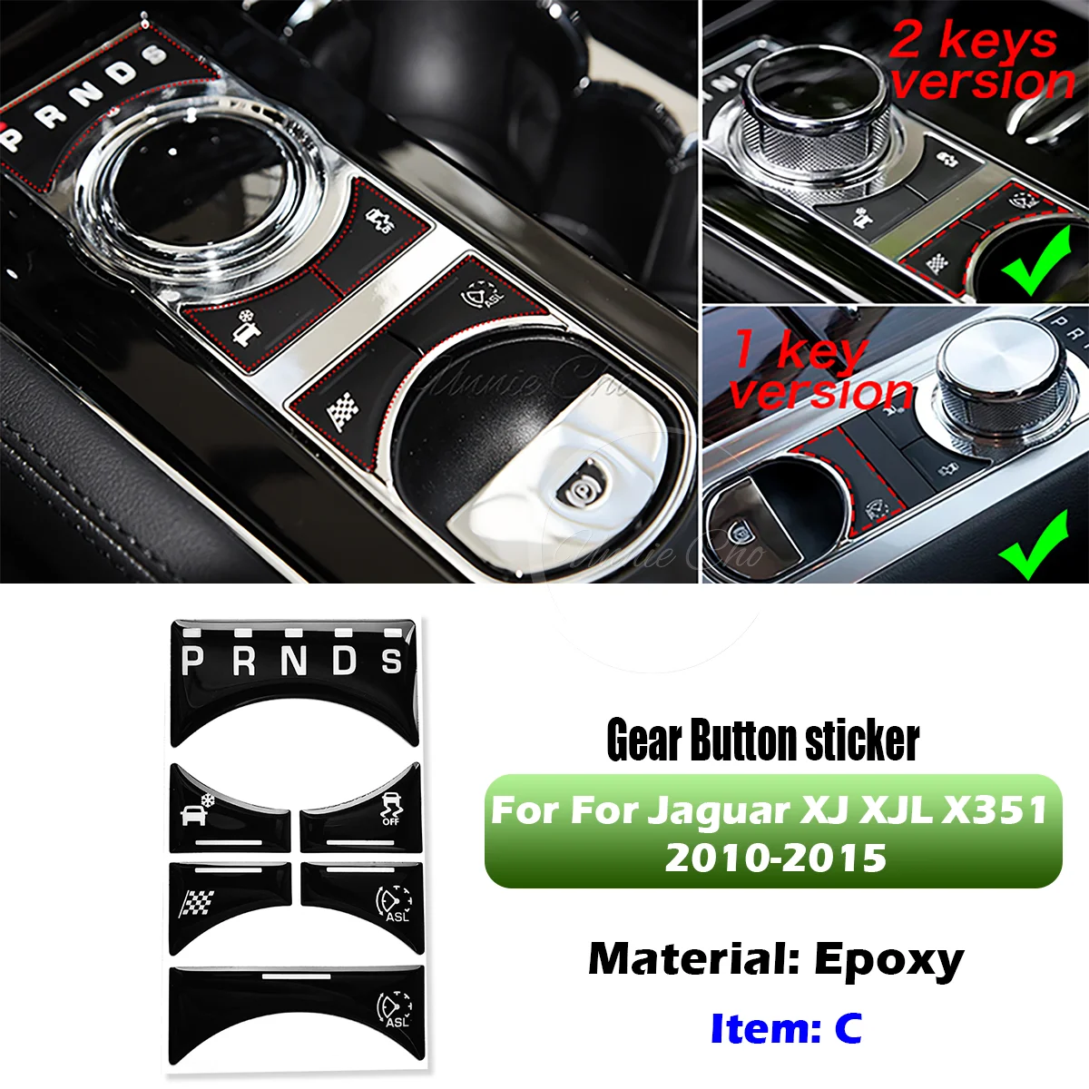 Schwarzer Epoxid-Knopfaufkleber für Jaguar XF X250 XK XKR XJ XJL, Auto-Innenraum-Überarbeitungsverkleidung für die Armaturenbrett-Mittelkonsole – Detail 6