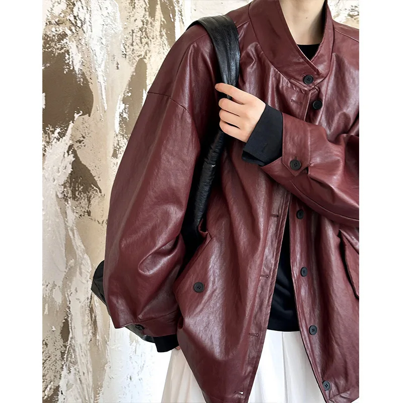 Stand Collar Pu Leather Jacket Coat Women Loose Imitation Leather Single Breasted Vintage Red Coats