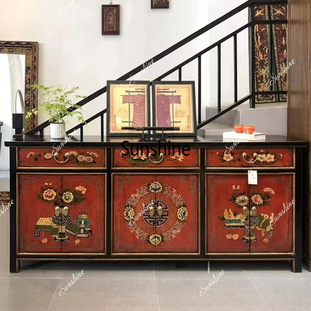 

Chinese-style painted six-door large-capacity shoe cabinet, old retro living room dining side wine cabinet
