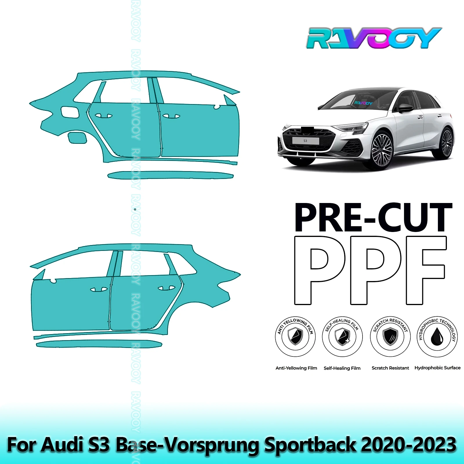 

For Audi S3 Base-Vorsprung Sportback 2020-2023 8.5mil Pre-Cut PPF Door & A/B Pillar Kit TPU Paint Protection Film Set