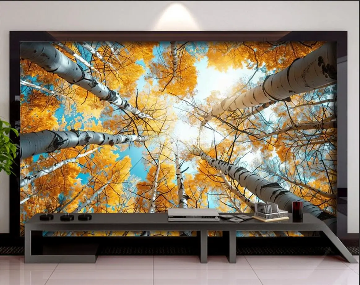 Customized Size Mural Blue Sky Birch Forest Wallpaper Home Decoration Yellow Birch Leaves Cedar Forest Mural woods 3d wallpaper