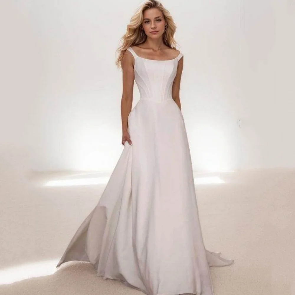 

Customized Wedding Dresses Simple Tank A Line Bride Robe Floor Length Elegant Bridal Gowns Button New Vestidos De Noiva