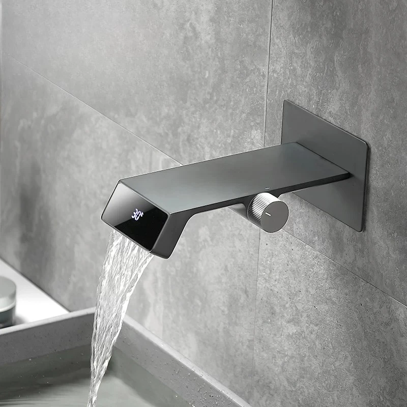 All-copper hot and cold concealed wall-mounted waterfall spout black digital display washbasin faucet