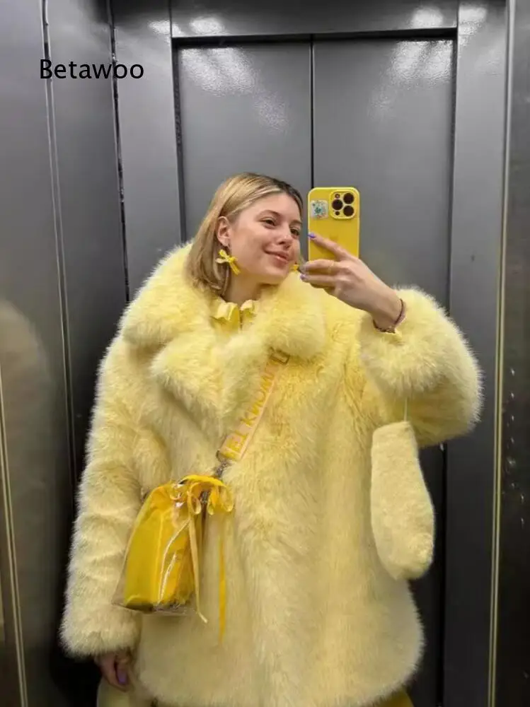 Women Fashion Solid Fluffy Faux Fur Short Coat Notched Lapel Open Front Long Sleeve Loose Warm Winter Street Outer Garment